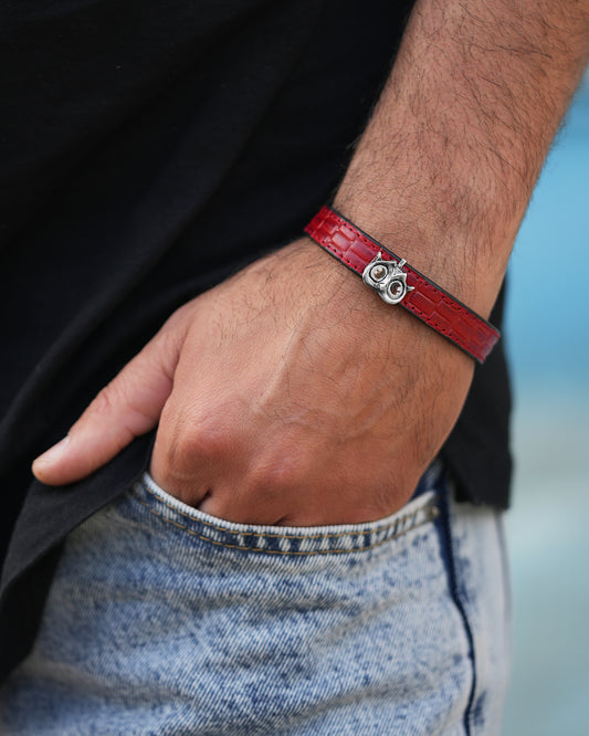 Owl Silver & Red Leather Bracelet