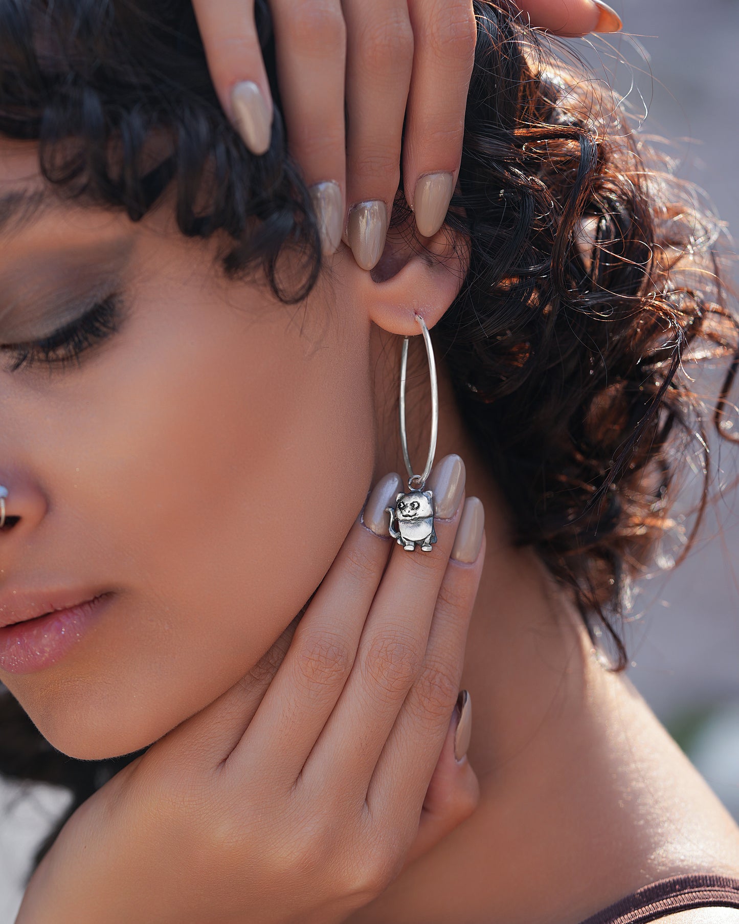 Sterling Silver Animal Charm Hoop Earrings – Cat & Mouse Pair