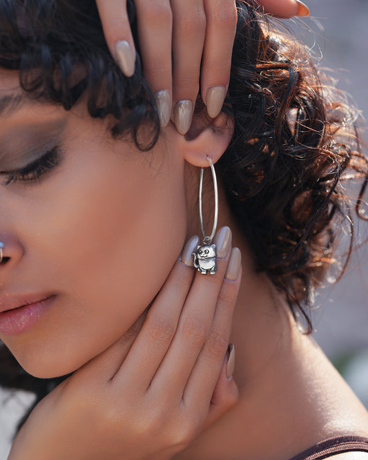 Sterling Silver Animal Charm Hoop Earrings – Cat & Mouse Pair