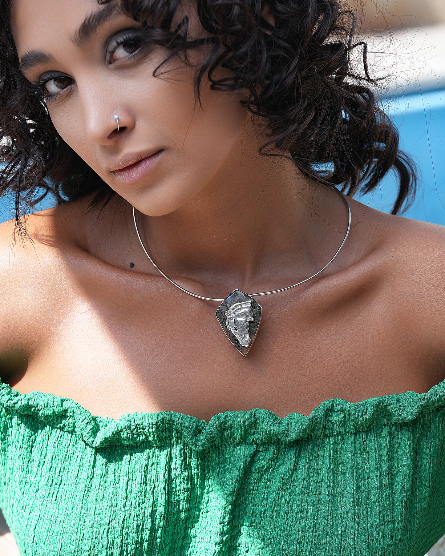 Horse Silver Torque with Marcasite Stone